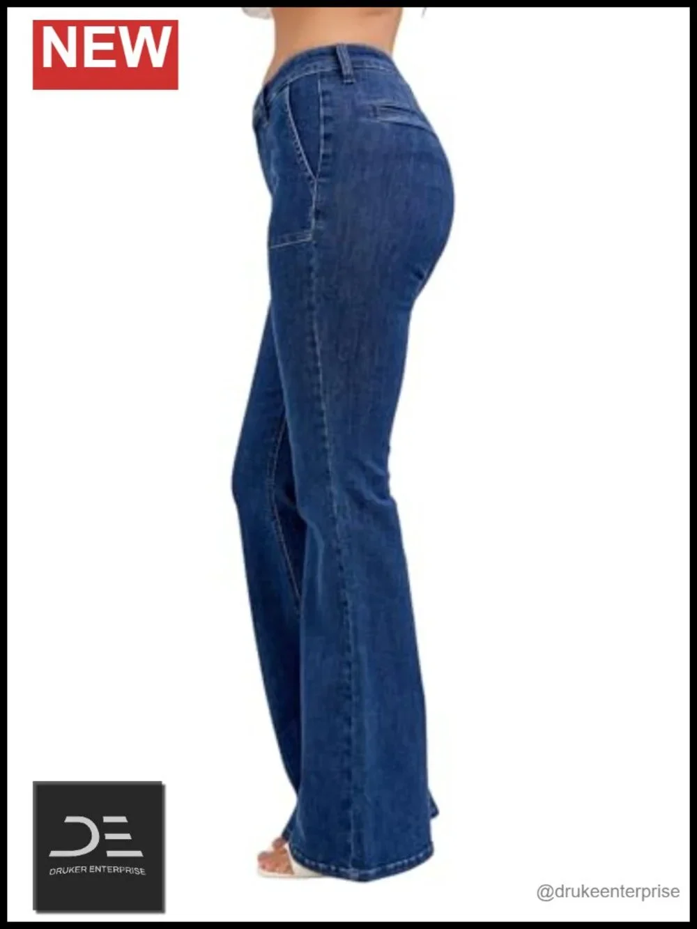 High Rise Flare Leg Jeans with Patch Pockets Stretch Denim